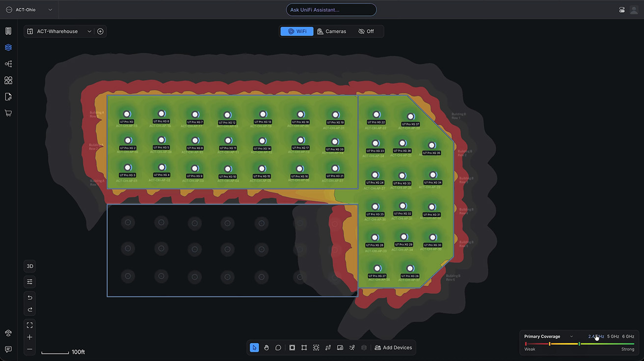 UniFi Design Center network predictive RF heat map for U7 Pro access points