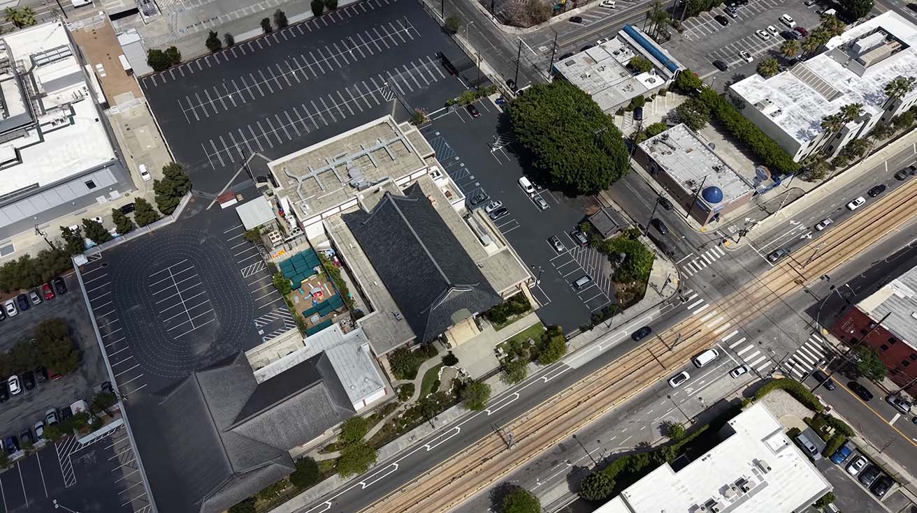 Top-down satellite view of the temple security system layout