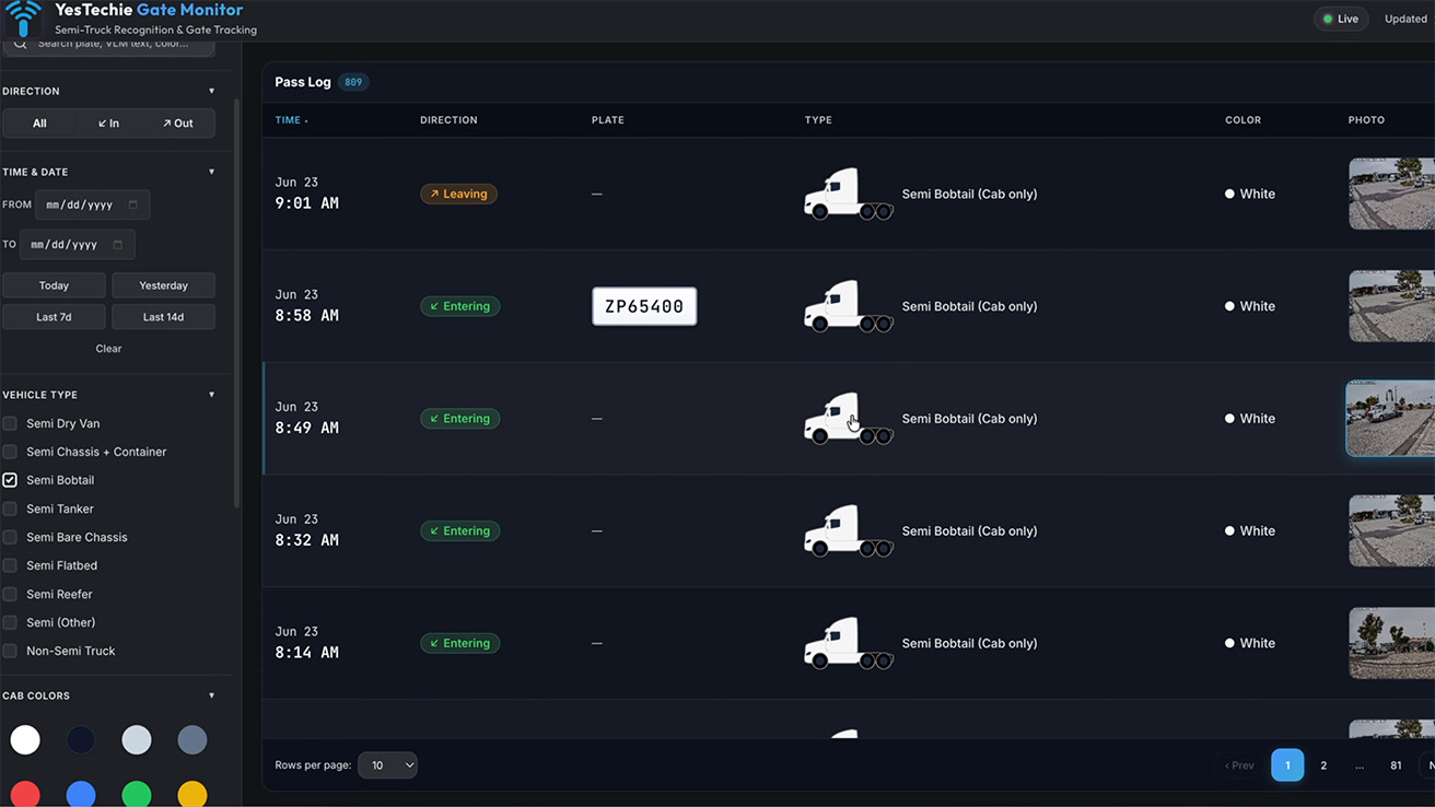 Automated vehicle classification log separating semi trucks, bobtails, and tankers in custom AI software