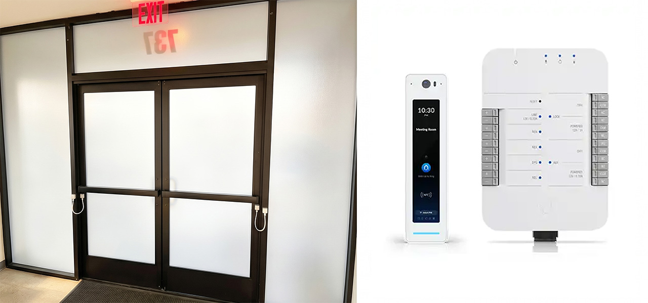 Access control on double-sided glass door with an aluminum frame