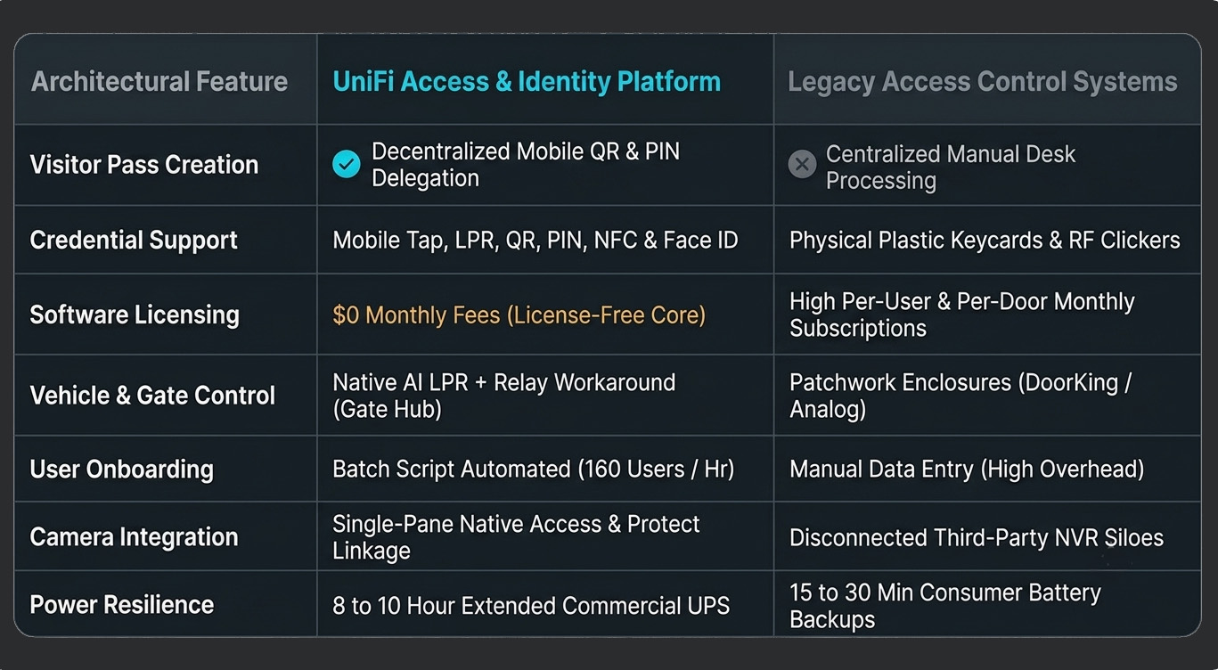 Comparison table showing UniFi Access and Identity vs legacy access control systems for multi-tenant commercial visitor access