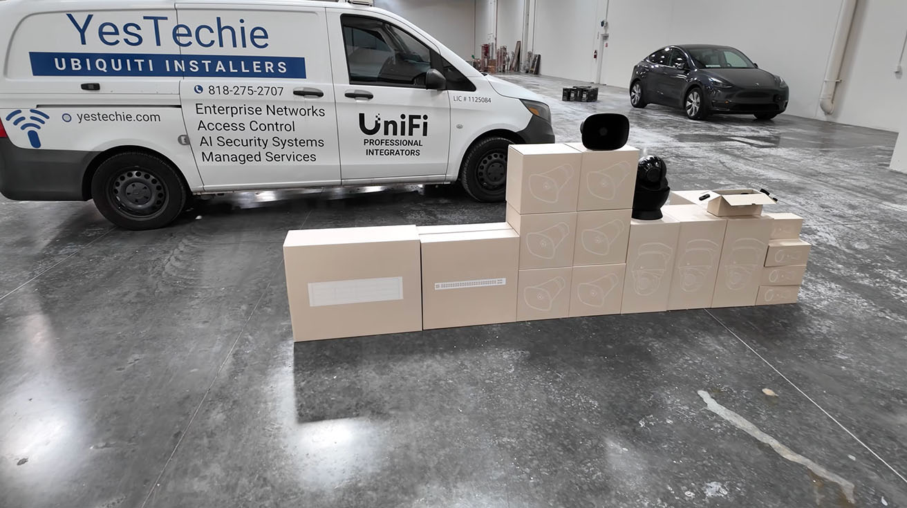 UniFi Protect physical security system deployment with IP cameras at the commercial warehouse facility