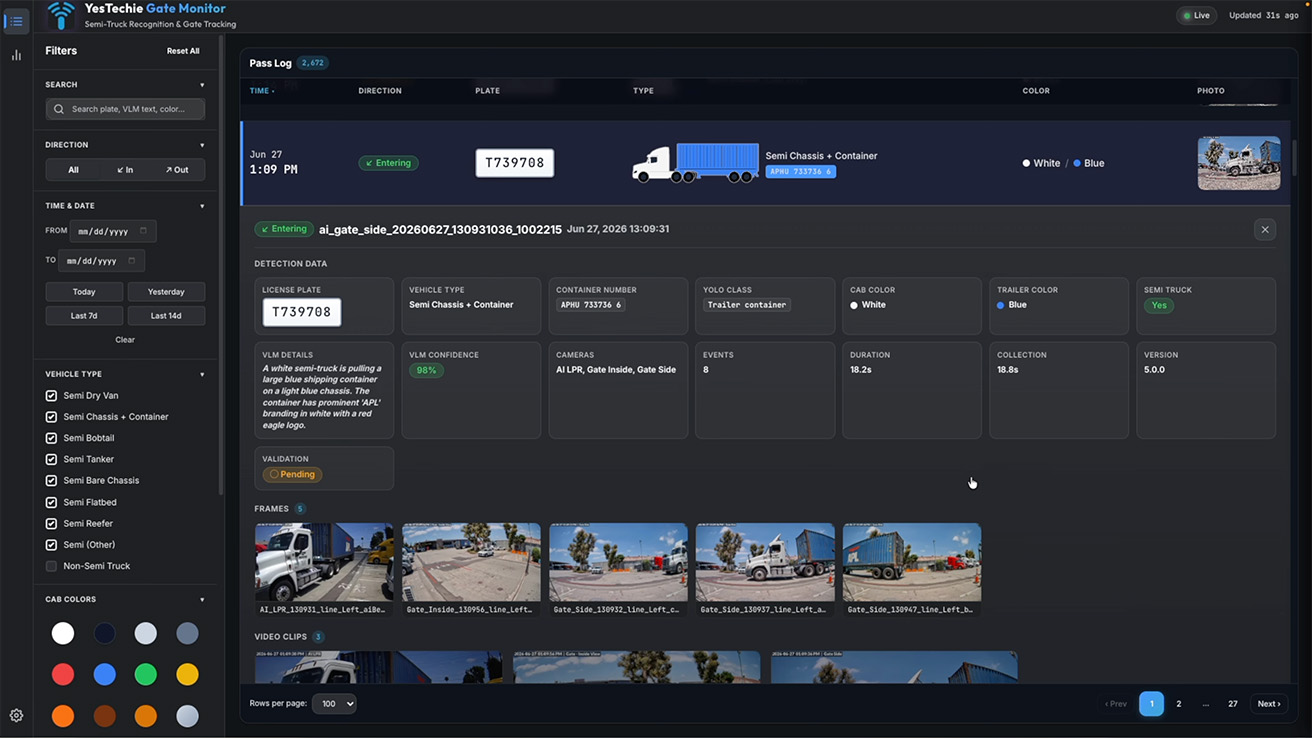 Search & Verification Modal: Administrators can search by partial container IDs and instantly open verified video frames where the printed container number is highlighted and cropped for visual confirmation.