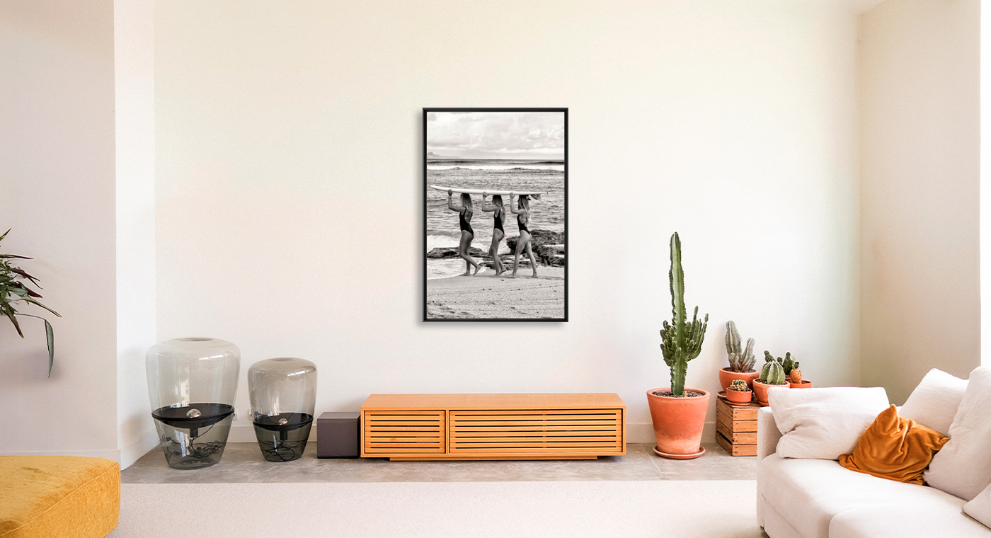 3 girls and a surf, Black and White, Cécile B · Art photographs