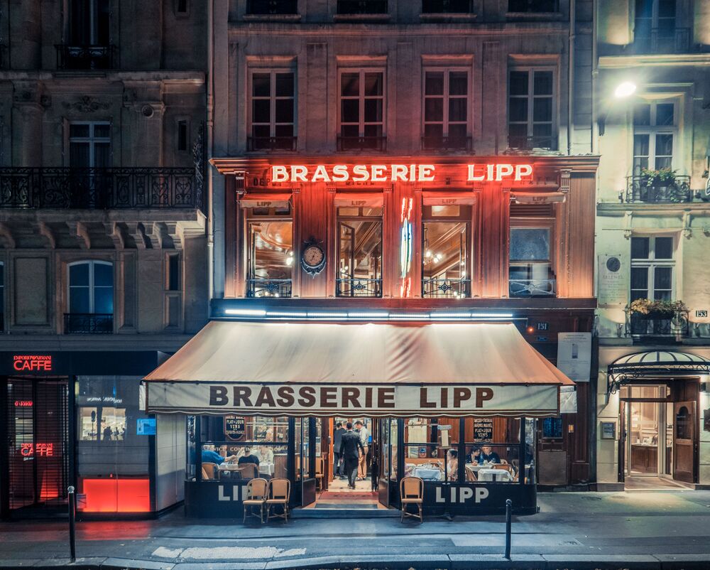 Image of Brasserie Lipp, Boulevard St Germain, Paris, 1952 (b/w photo) by  French Photographer, (20th century)