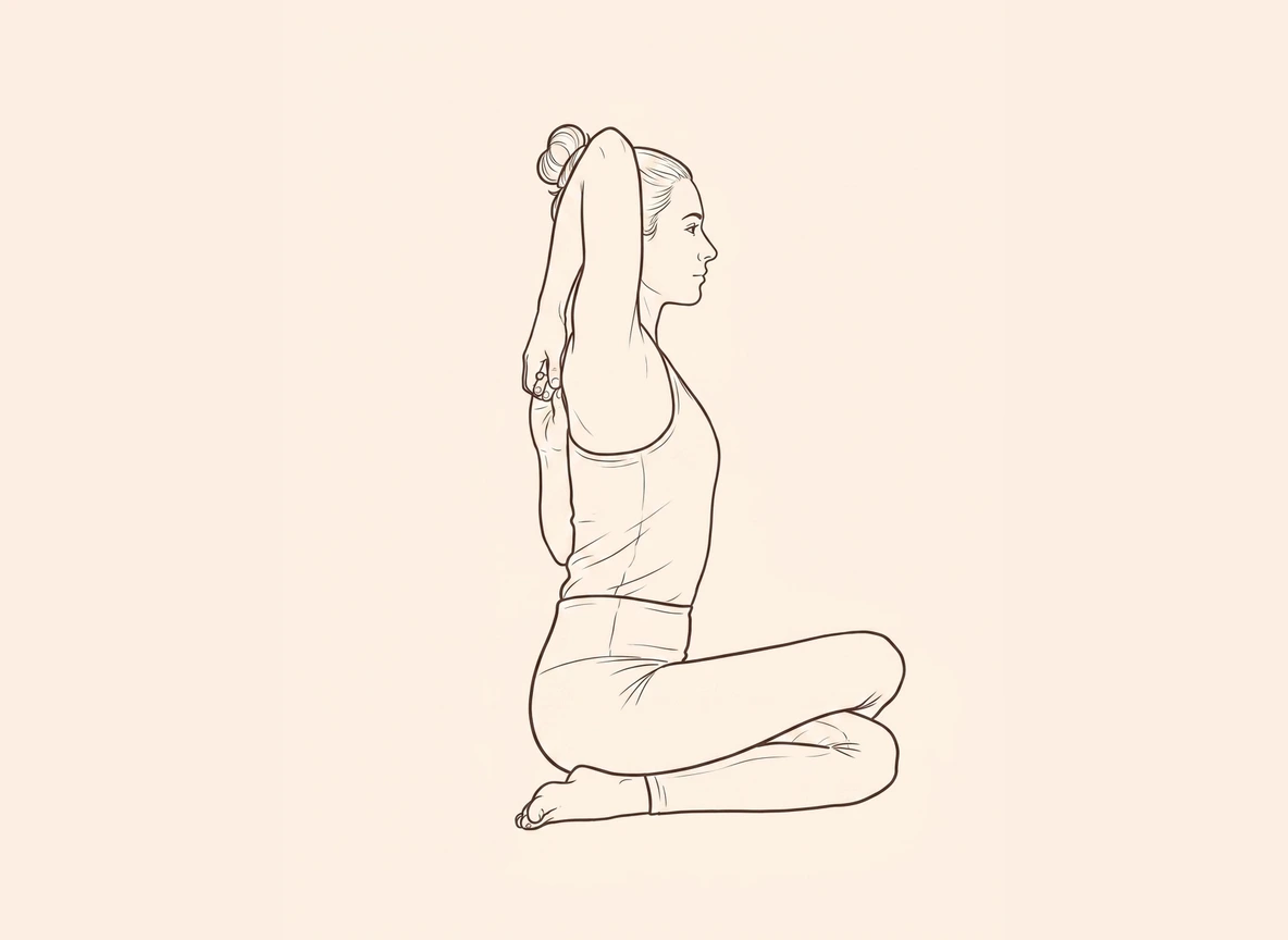 Animated ink drawing of Cow Face Pose with Left Hand Up Grab