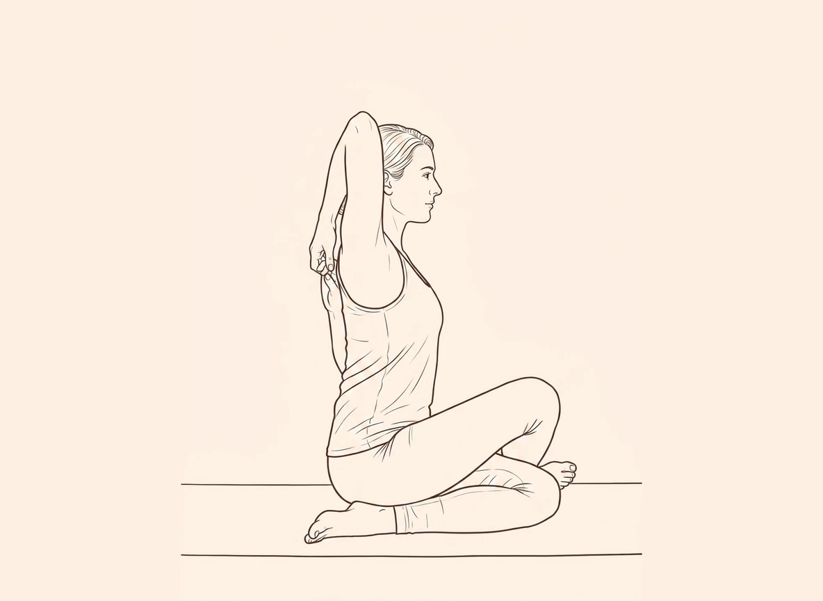 Animated ink drawing of Cow Face Pose with Right Hand Up Grab