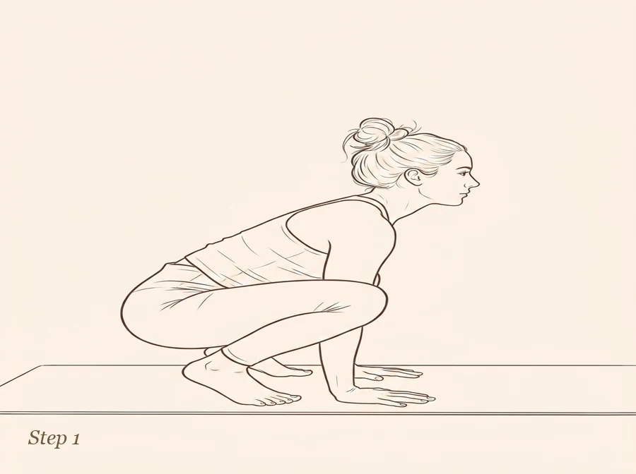 Animated ink drawing of Crane Pose with Head on the Mat in three steps: set your foundation, shift weight and lift one foot, then Crane Pose with Head on the Mat