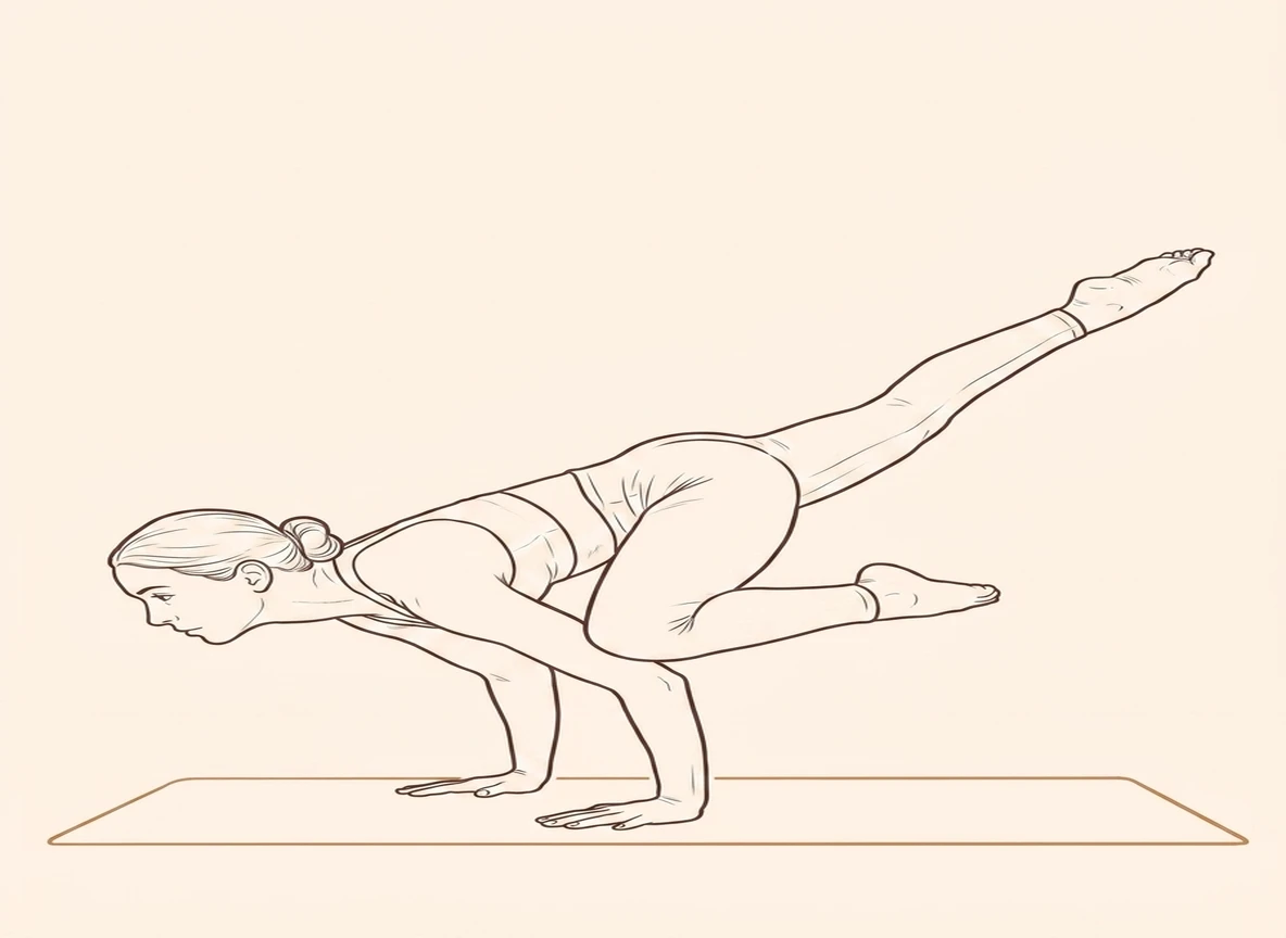 Animated ink drawing of Crane Pose with Right Leg Extended Back