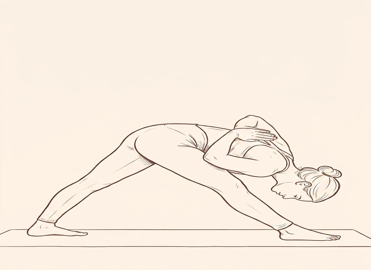 Animated ink drawing of Intense Left Stretch Pose with Hands Behind Back in Namaste
