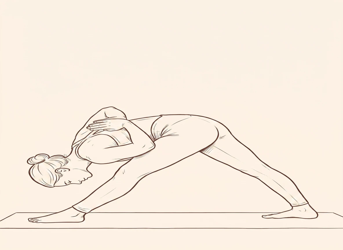 Animated ink drawing of Intense Right Stretch Pose with Hands Behind Back in Namaste