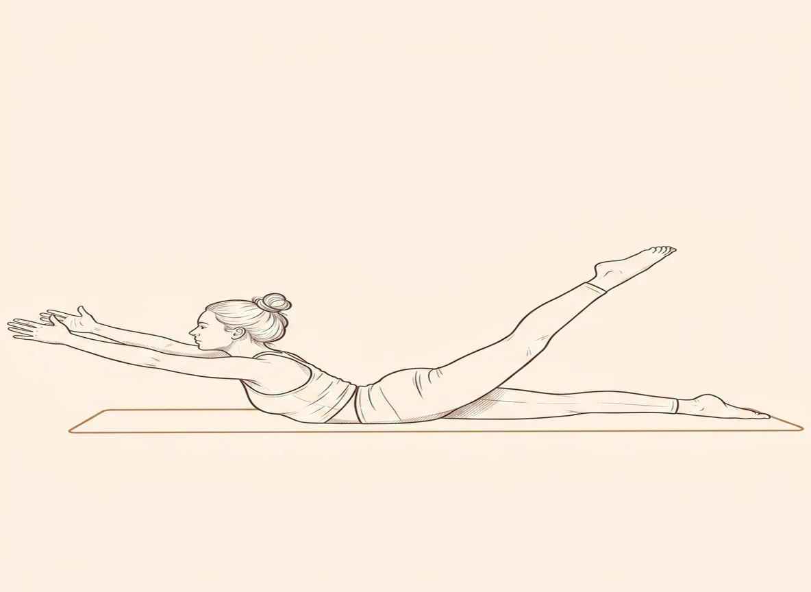 Animated ink drawing of Locust Pose with Right Leg Up