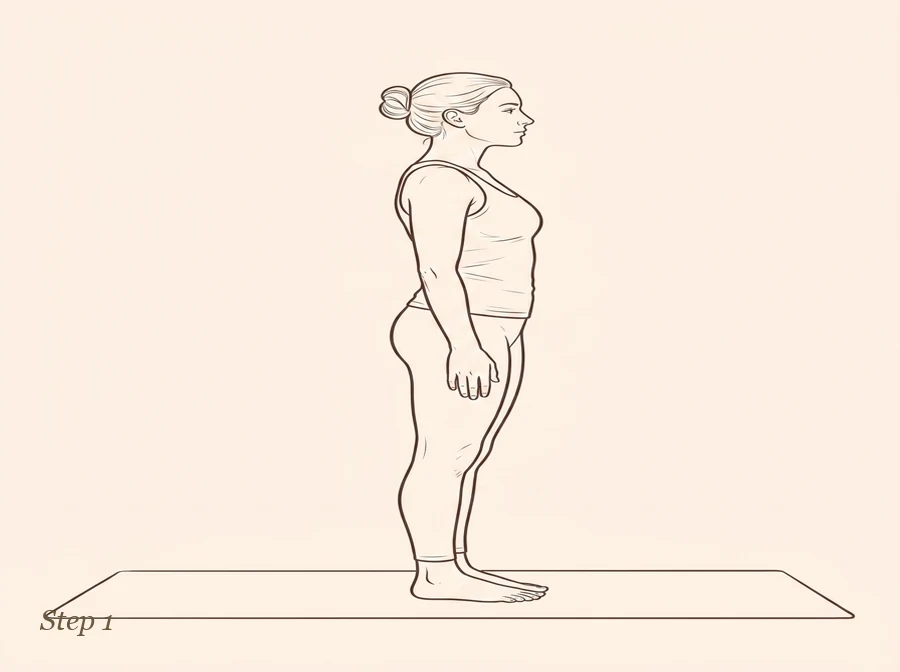 Animated ink drawing of Mountain Pose with Upward Stretch in three steps: set up, sweep the arms out and up, then Mountain Pose with Upward Stretch
