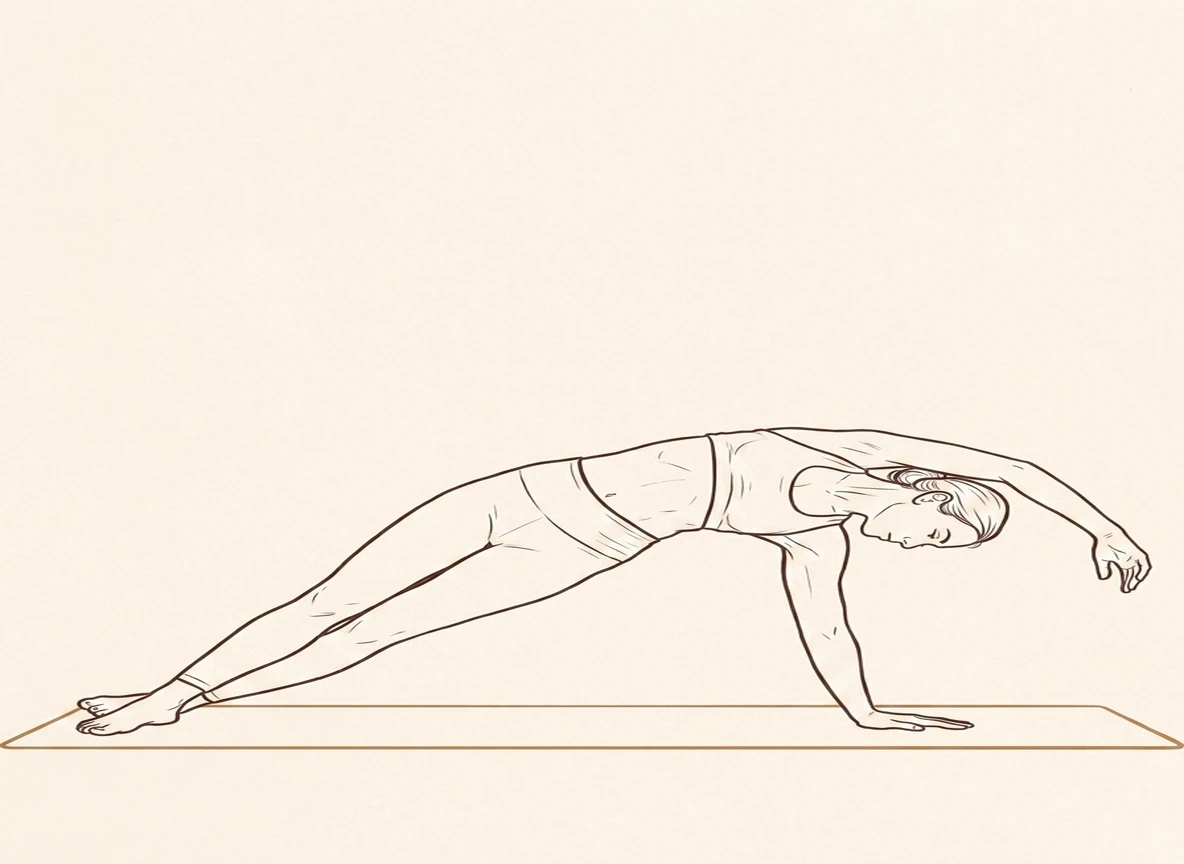Animated ink drawing of Side Plank on Left Arm with Side Bend