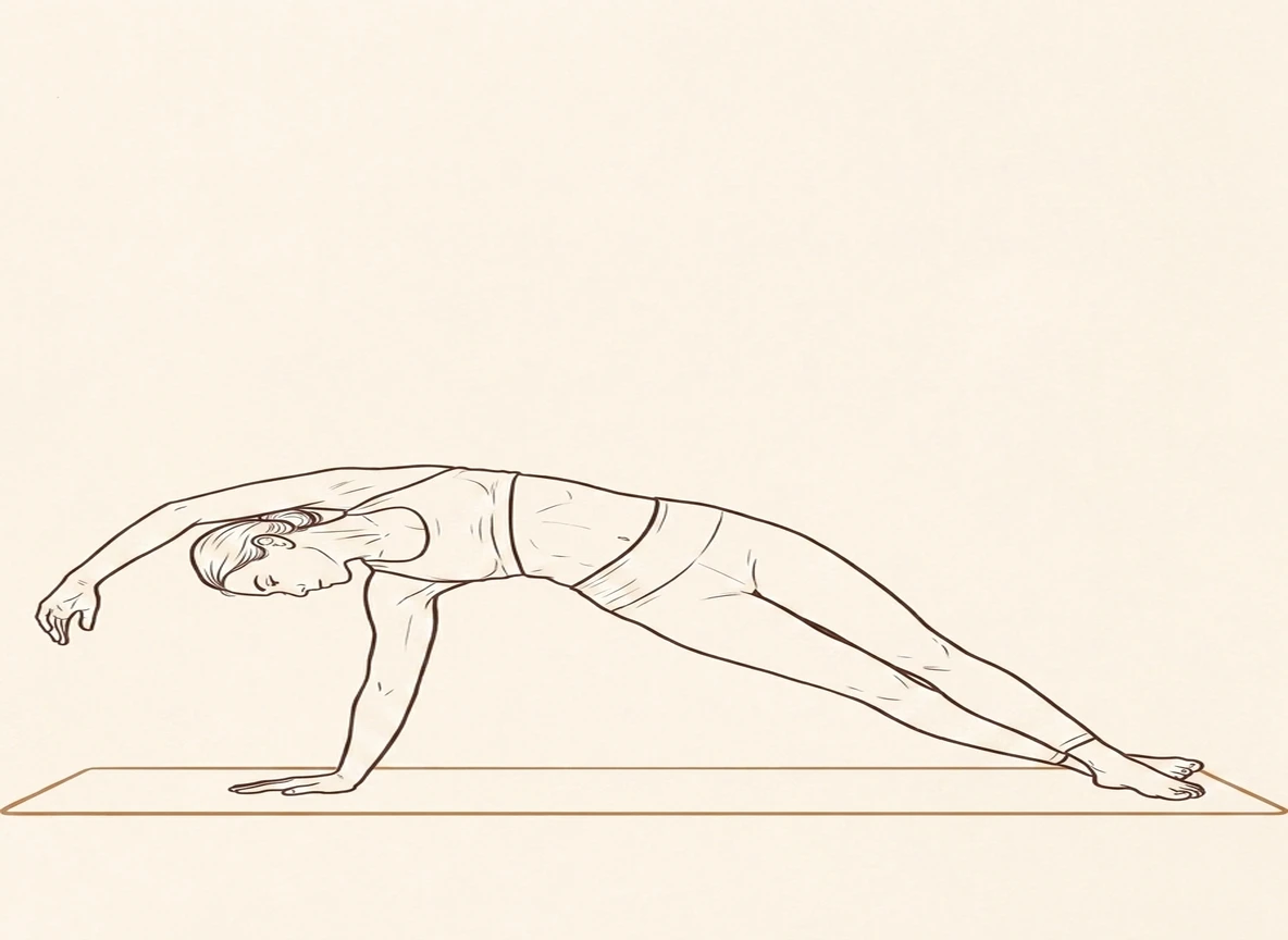 Animated ink drawing of Side Plank on Right Arm with Side Bend