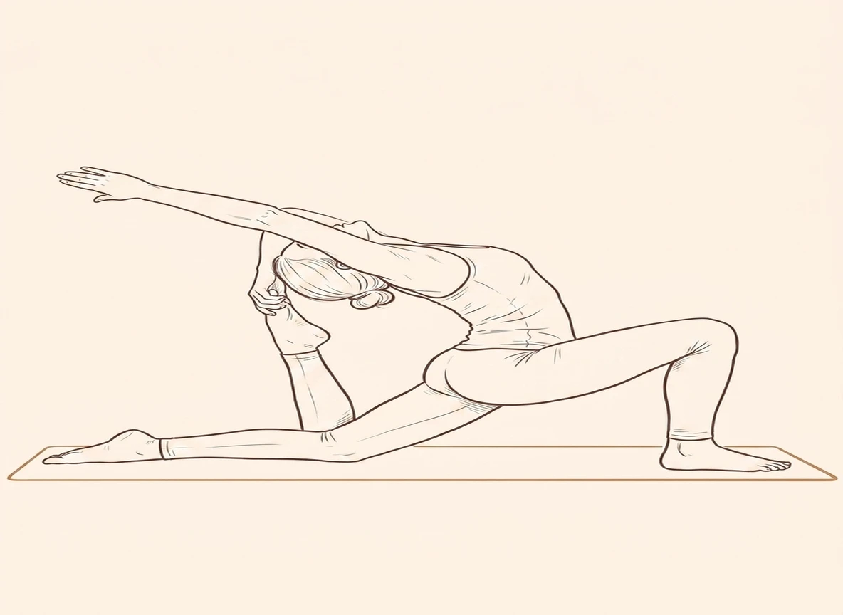 Animated ink drawing of Pigeon Pose with One Hand Left Leg Grab