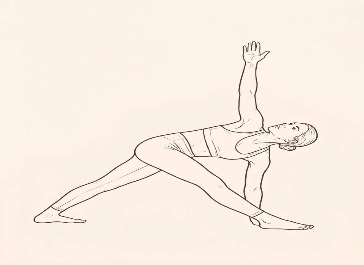 Animated ink drawing of Revolved Triangle Pose with Left Arm Behind Right Foot
