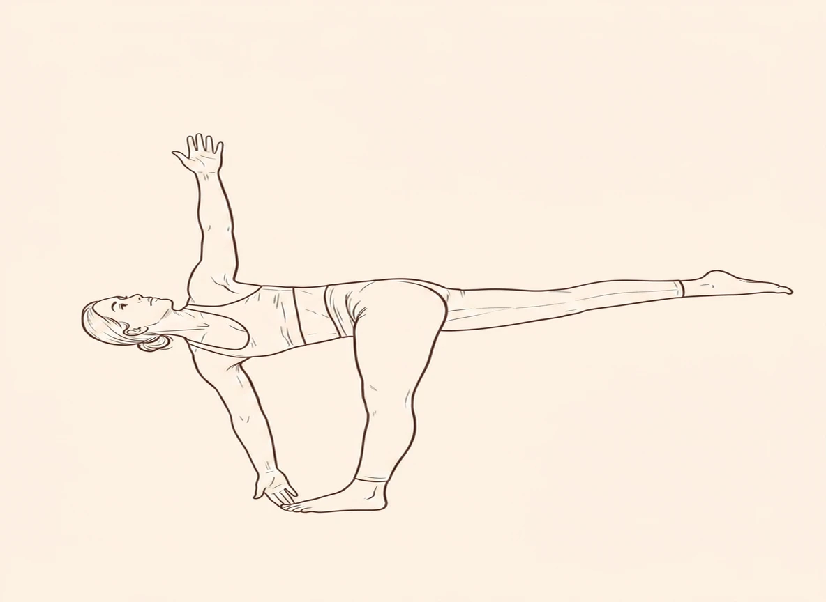 Animated ink drawing of Rotated Warrior Pose on Right Foot
