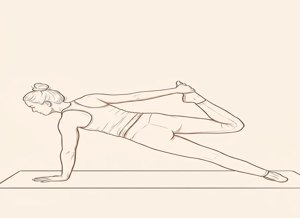 Animated ink drawing of Side Plank Pose with Left Hand Grab