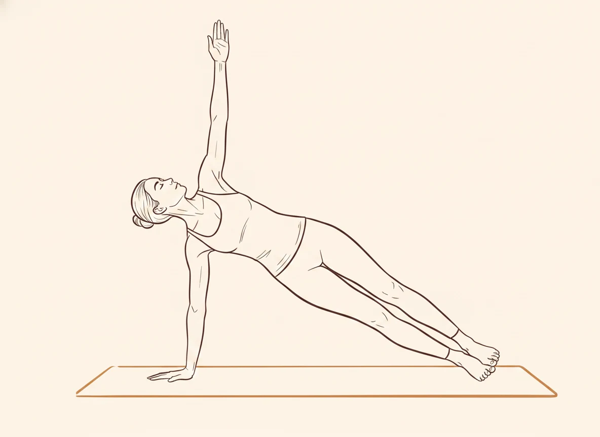 Animated ink drawing of Side Plank Pose on Right Hand with Legs Together in three steps: start in Plank Pose, shift weight and stack feet, then Side Plank Pose