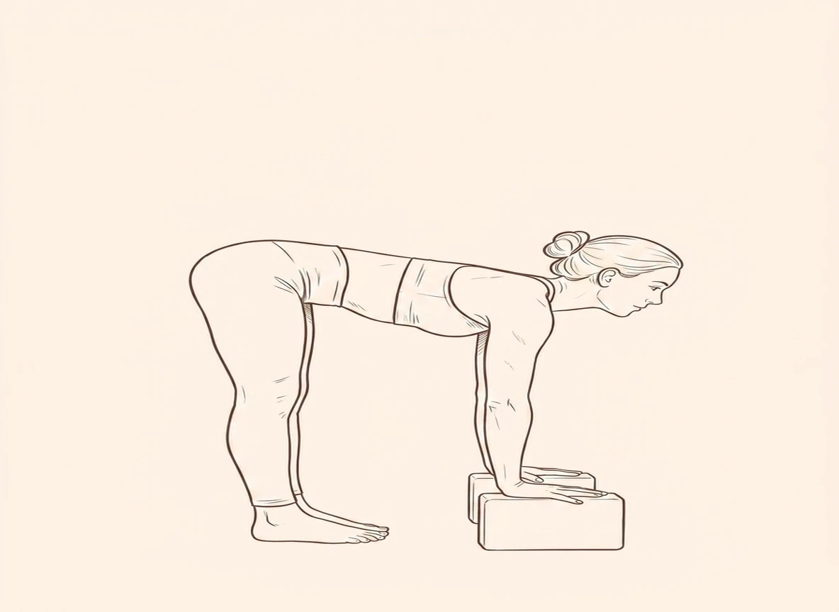 Animated ink drawing of Standing Half Forward Bend with Blocks