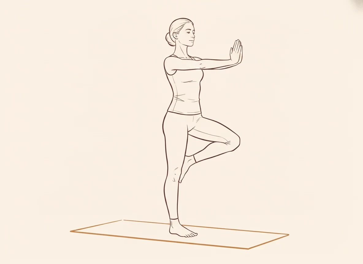 Animated ink drawing of Tree Pose with Hands in Namaste Extended Forward (Left Support)