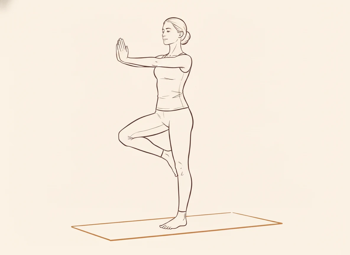 Animated ink drawing of Tree Pose with Hands in Namaste Extended Forward (Right Support)