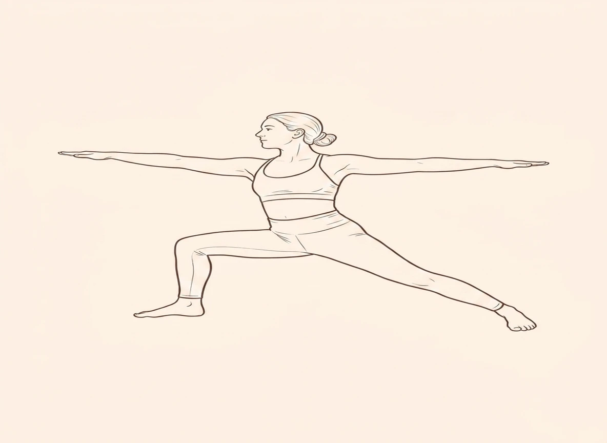 Animated ink drawing of Warrior Pose with Left Leg Forward, Right Leg Straight