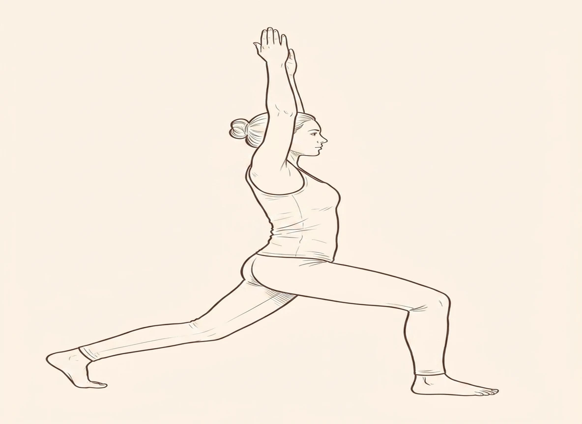 Animated ink drawing of Warrior Pose on Half-Bent Left Leg