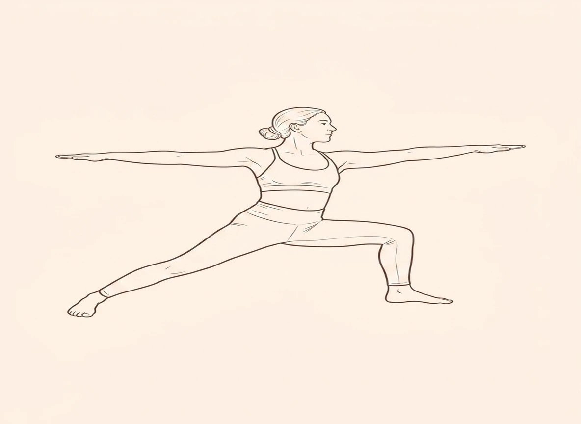 Animated ink drawing of Warrior Pose with Right Leg Forward, Left Leg Straight