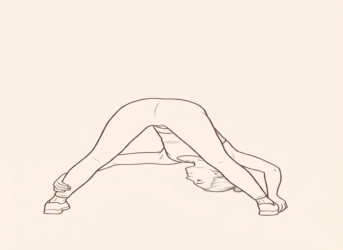 Animated ink drawing of Wide-Legged Forward Bend with Feet Grab