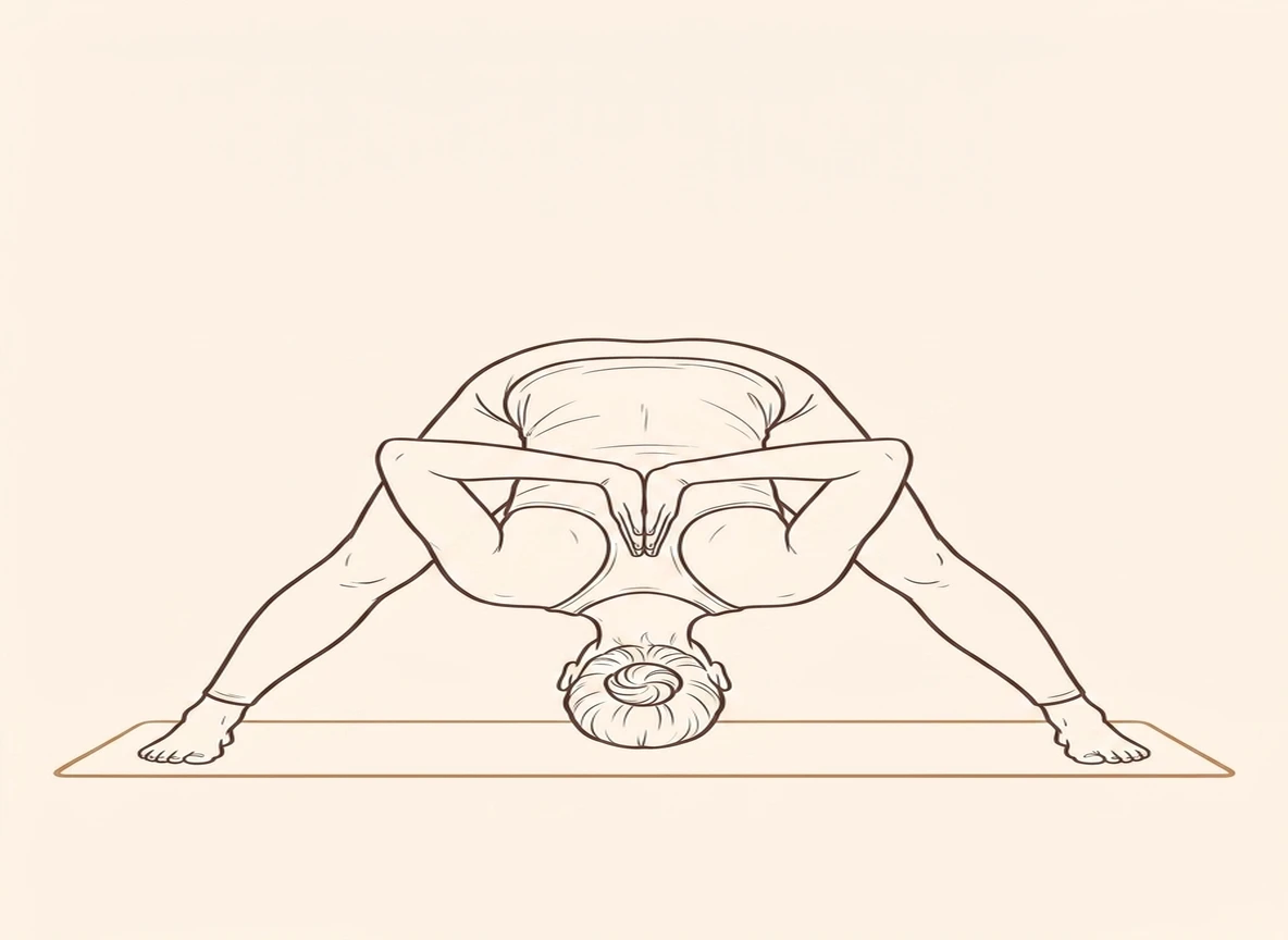 Animated ink drawing of Wide-Legged Forward Bend with Hands in Namaste