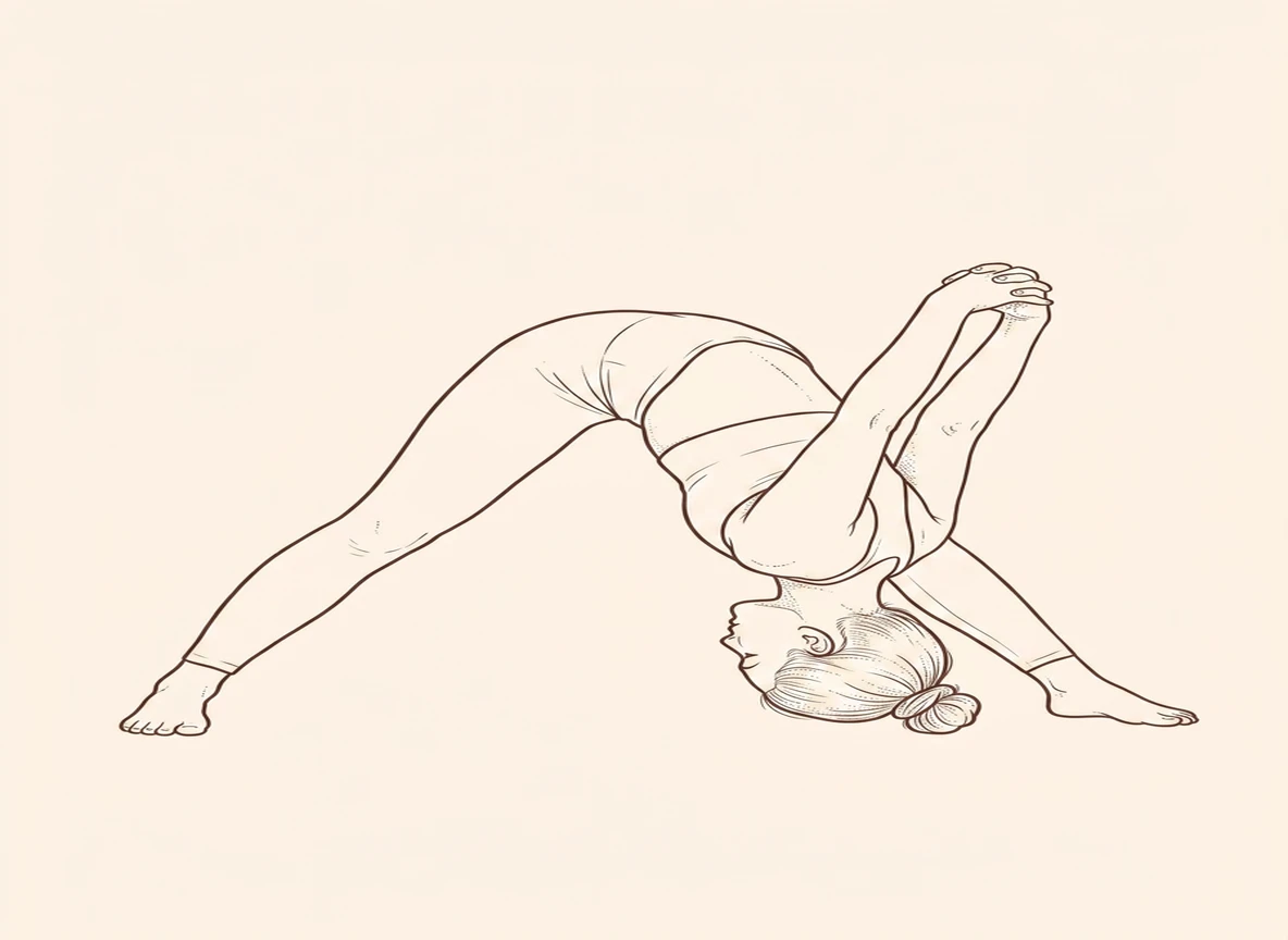 Animated ink drawing of Wide-Legged Forward Bend with Hands Lock