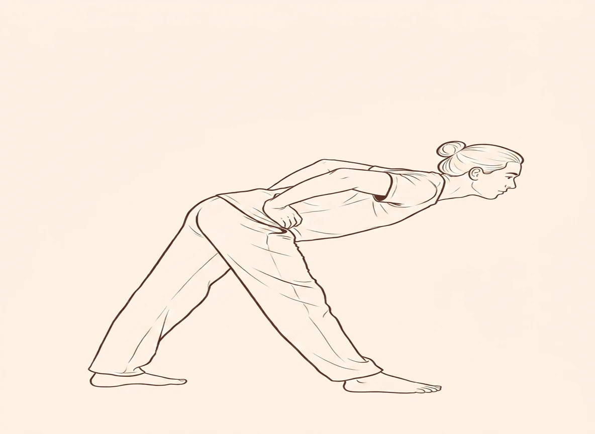 Animated ink drawing of Wide-Legged Forward Bend with Hands on Hips