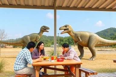 국립과천과학관 공룡공원 기차 쉼터에서 도시락을 즐기는 가족