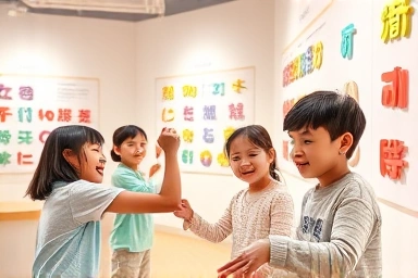 어린이들이 한글 놀이터에서 즐겁게 한글을 배우는 모습