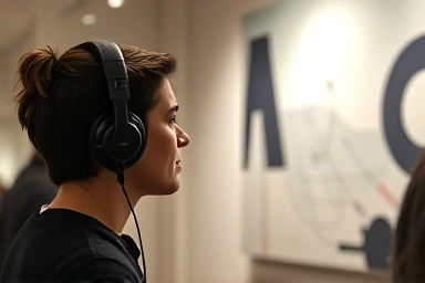 미술관에서 오디오 가이드를 들으며 작품을 감상하는 사람