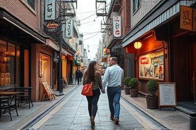 이태원 뚜벅이 데이트를 즐기는 커플