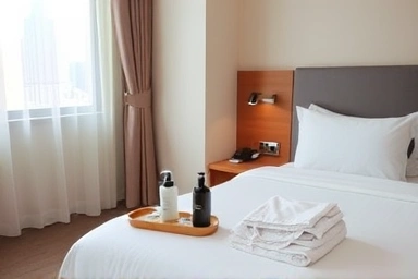 ソウル市内のホテル客室、整頓されたベッド、アメニティ、パジャマ