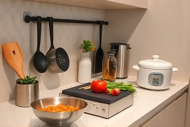 キッチン付きレジデンスホテルで自炊を楽しむ様子