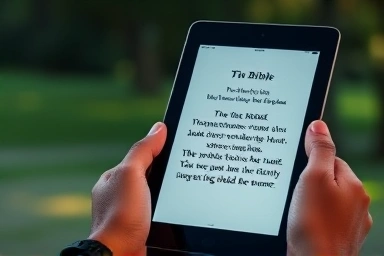 성경 구절이 표시된 태블릿을 든 손