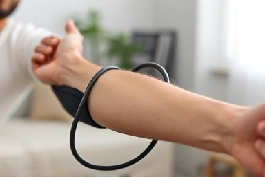 Correct placement of a blood pressure cuff on an arm.