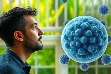 Immune cells and healthy garden symbolizing allergy immunotherapy.