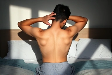 Morning back stiffness, pain, and discomfort from ankylosing spondylitis.