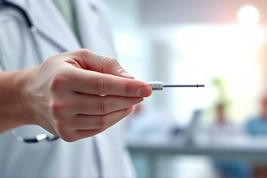 Doctor's hands with medical device for cardiac procedure.