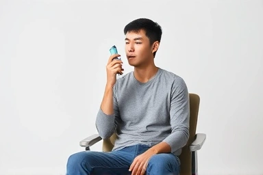 Person using asthma inhaler during an emergency.
