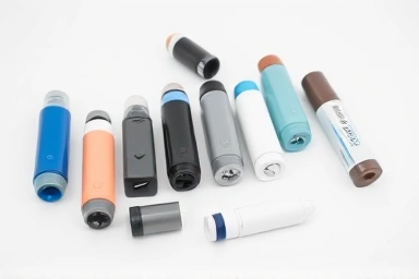 Various asthma inhalers displayed on a white surface.