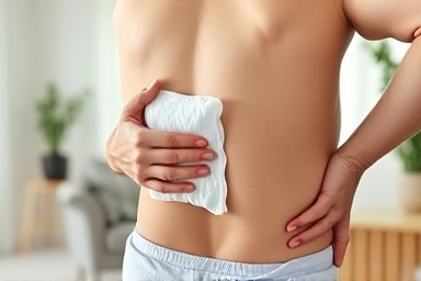 Person applying cold compress to lower back for pain relief.