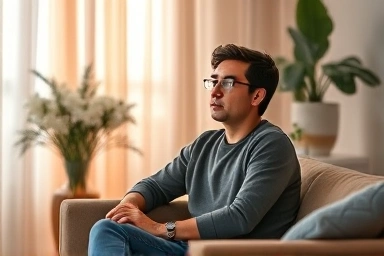 Person in therapy session, reflecting on mental health.