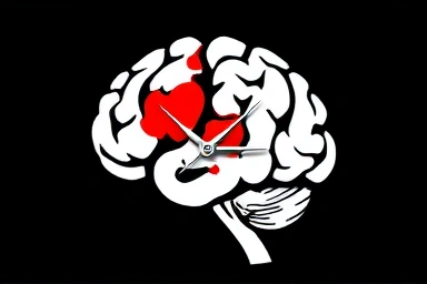 Stylized brain hemorrhage with urgent time symbolism.